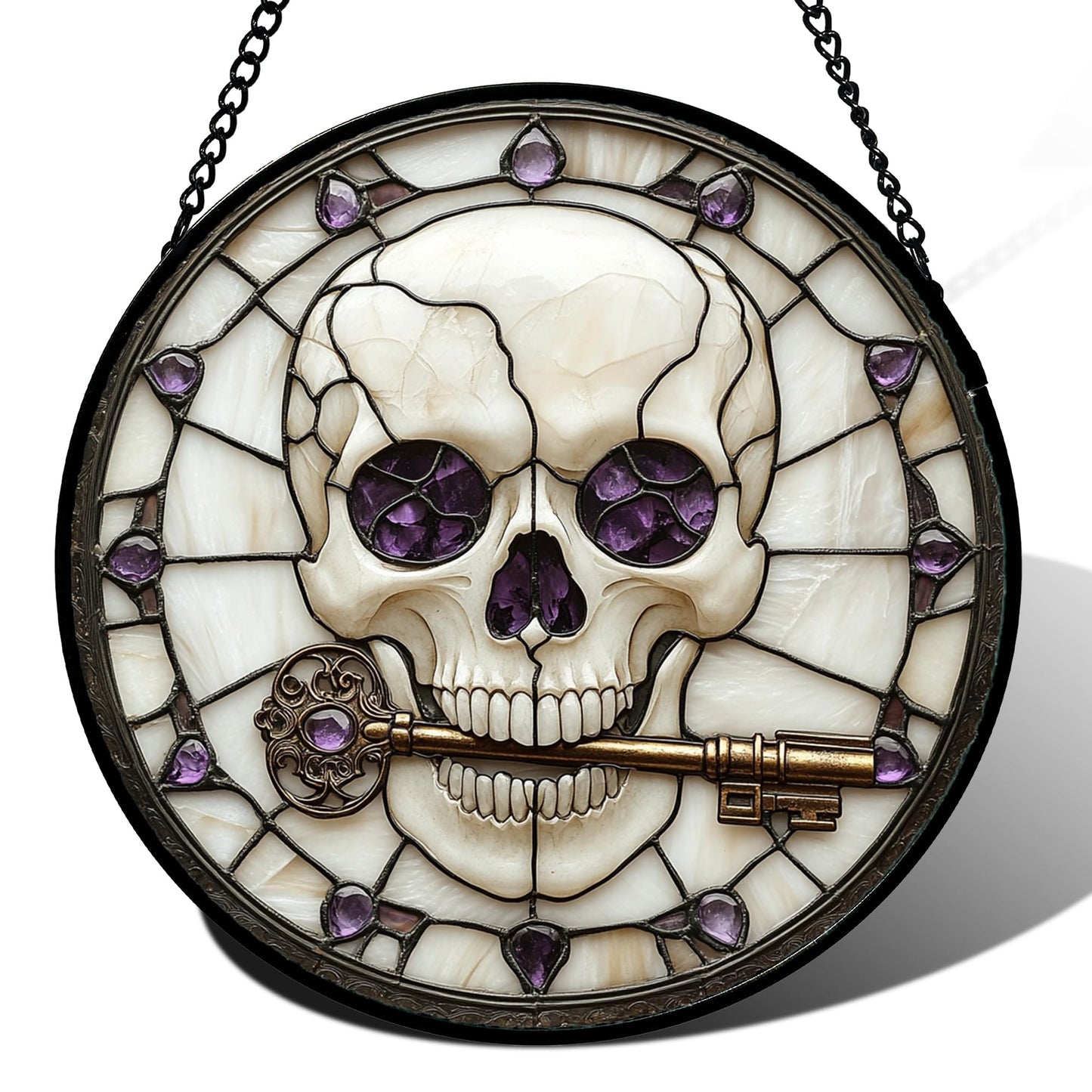 CRISGIF Stained Glass Window Hanging - Halloween Scary Skull Suncatcher for Doors Garden Home Spooky Purple Skeleton Key Sun Catchers Gothic Decor Horror Gifts for Women Men Friend Boy Girl 7.8 in