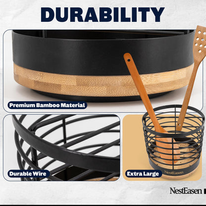 NestEasen Utensil Holder for Kitchen Counter - Rotating Utensil Holder for Countertop, Wooden Steel Spatula Holder Organizer, Large Decor Caddy for Kitchen Utensils and Cooking Spoon Container