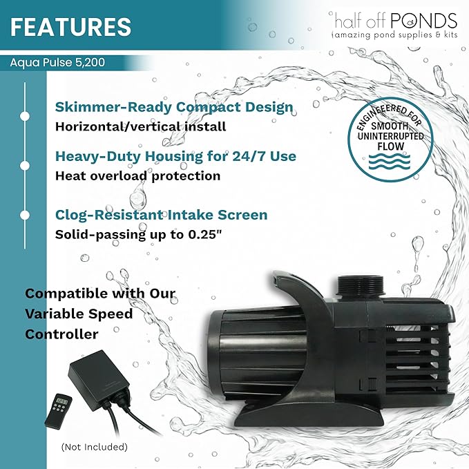 HALF OFF PONDS Submersible Water Pump, 5,200 GPH Pond Pump with 33FT Power Cord and 21FT Max Head, 294W Ultra Quiet Energy Efficient Pump for Koi Pond, Fountain, Waterfall, Water Garden, Skimmer