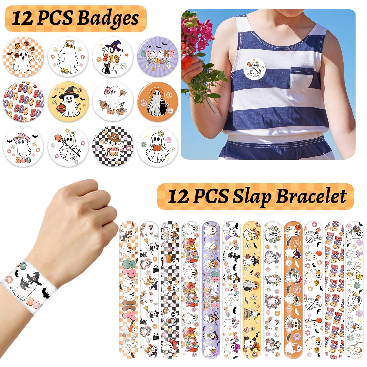 YYMYMGJ 108 PCS Halloween Ghost Party Favors, Cute Ghost Temporary Tattoos Slap Bracelets Stickers Keychains Badges for Halloween Ghost Birthday Party Decorations Supplies