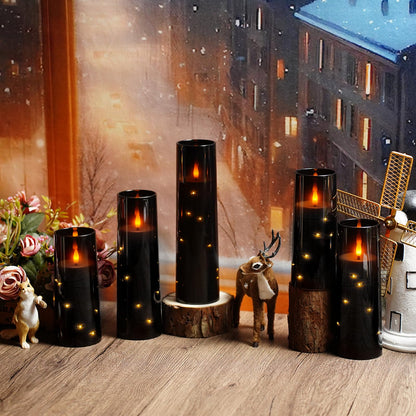 kakoya Flameless LED Candles with Timer 9 Pc Flickering Flameless Candles for Romantic Ambiance and Home Decoration Stable Acrylic Shell,with Embedded Star String,Battery Operated Candles（Black）