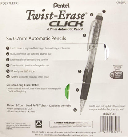 Pentel Twist-Erase Click Mechanical Pencils 0.7mm, HB #2, School Supplies, Teacher Supplies, Drawing Sketching pencils, Assorted Barrel Colors- 6 Mechanical Pencils, 6 Erasers, 3 Tubes of Lead Refills