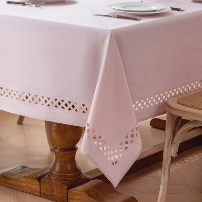 JIALE Pink Rectangle Linen Polyester Tablecloth with Decorative Cutouts, Waterproof Table Cloth Wrinkle Free Light Pink Valentines Farmhouse Dining Table Cover for Outdoor Party Camping, 55 x 70 inch