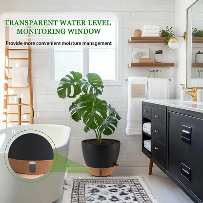 Fielda 8/10/12 Inch Self Watering Pots for Indoor/Outdoor Plants - Large Plastic Planter with Drainage Holes, Water Level Indicator & Deep Reservoir, Modern Decorative Flower Pots (Black)
