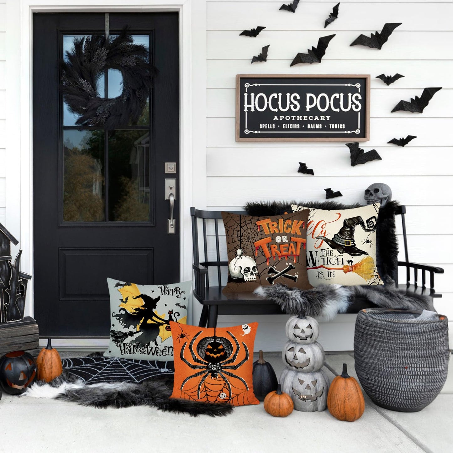 Bonhause Halloween Pillow Covers 18 x 18 Inch Witch Spider Skull Trick or Treat Decorative Pillows for Sofa Home Halloween Decor Set of 4