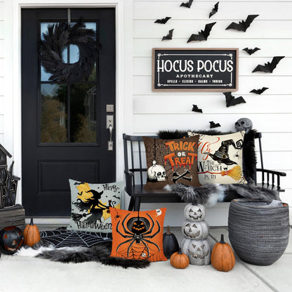 Bonhause Halloween Pillow Covers 18 x 18 Inch Witch Spider Skull Trick or Treat Decorative Pillows for Sofa Home Halloween Decor Set of 4