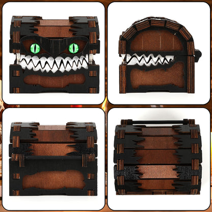 JULEASEL Mimic Dice Box – Wooden Monster Treasure Chest with Teeth & Green Eyes, Halloween Desk Decor Creepy Box, Funny Dice Storage for Tabletop RPG & Fantasy Games (Grimjaw)