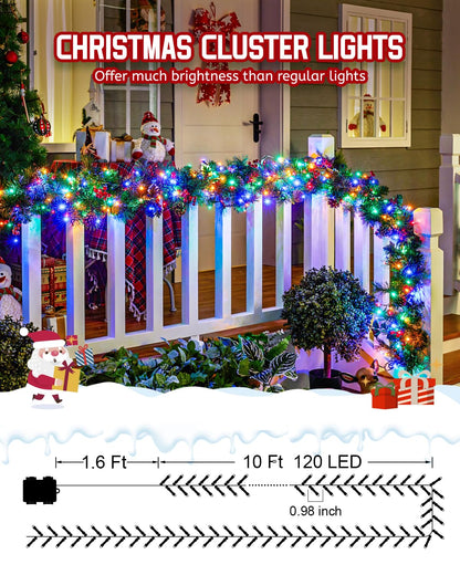 Minetom Christmas Cluster Lights, 10Ft 120 LED Twinkle String, Battery Operated, Waterproof, 4 Pack, Multicolor