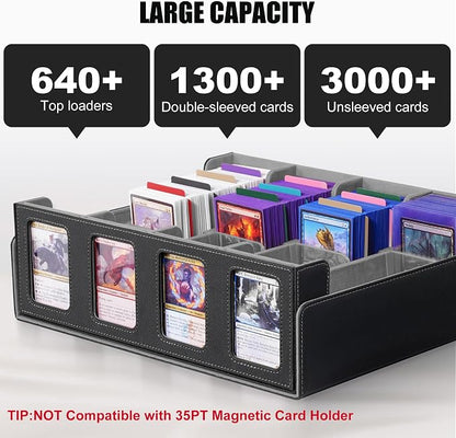 Kabinka Trading Card Storage Box with Commander Display, 4-Row Deck Case with Removable Lid; 2400+ Card Deck Box for MTG TCG Sports Card, 4 Top Loaders, 4 Stoppers, 24 Dividers,1 Dice Bag (Black)