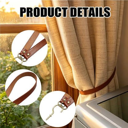 Leather Curtain Tie Backs - 2 Pcs Wall Mounted Curtain Holdbacks with Metal Hooks, Leather Drapery Tiebacks for Living Room Bedroom Cafe, Vintage Curtain Tie Backs for Thick/Thin Curtains (Red Brown)