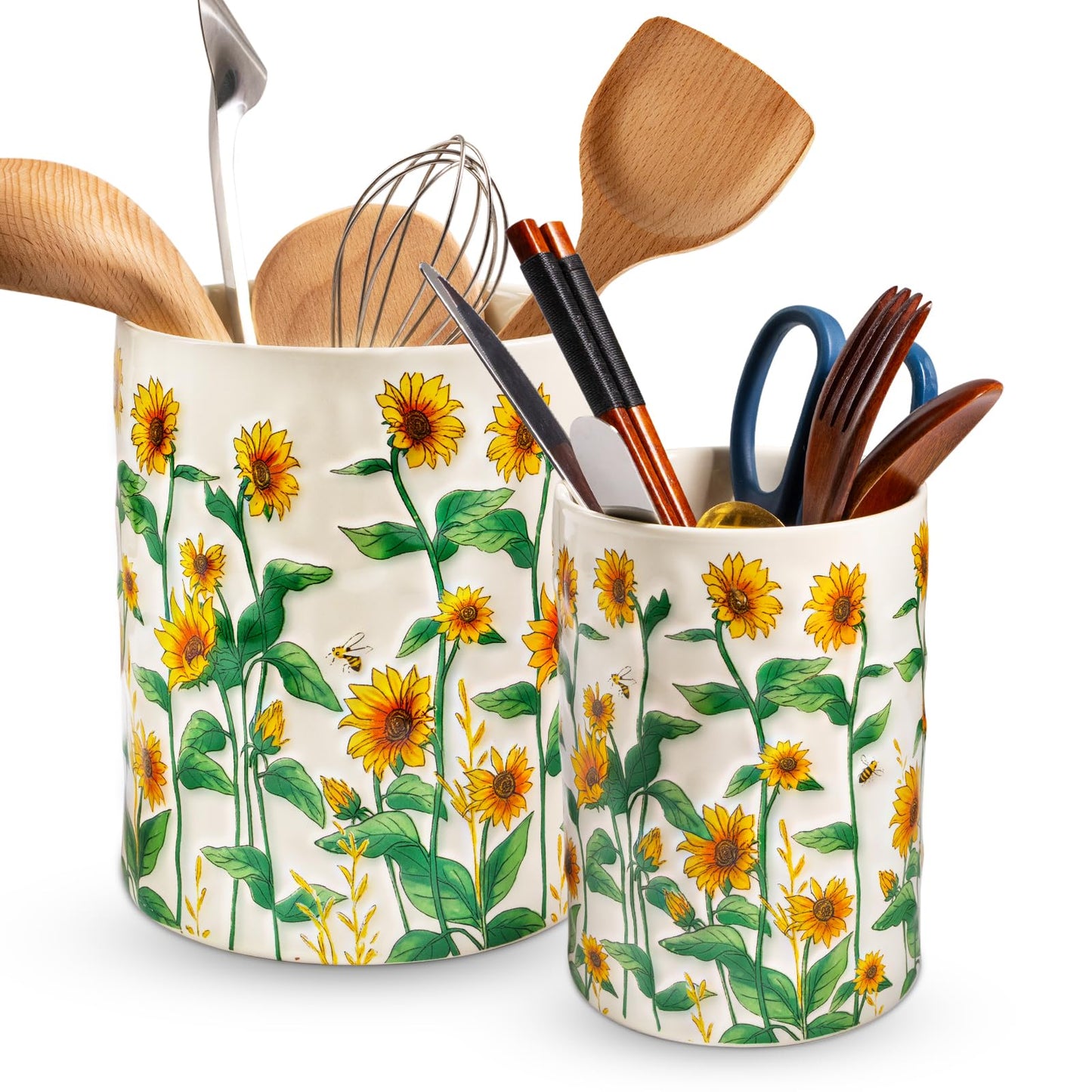 Sunflower Utensil Holder, 7.1"+5.4" Ceramic Utensil Holder for Kitchen Counter, Cooking Utensil Crocks for Countertop, Utensil Storage Container Organizer for Spoon, Sunflower Farmhouse Kitchen Decor