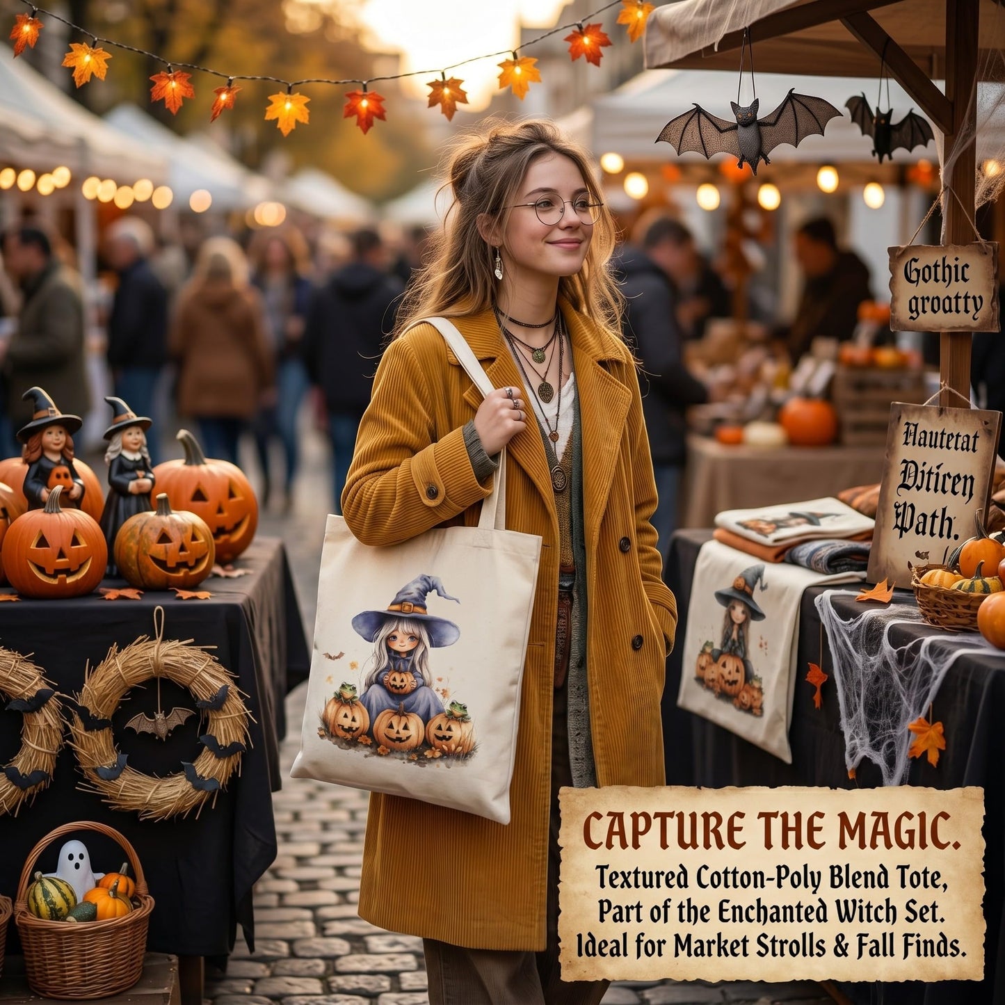 Fall Halloween Tote Bags 2Pcs, Cotton Blend Canvas Tote with Pumpkin Ghost Witch Prints, Reusable Shoulder Bags for Thanksgiving Party Trick or Treat Gift (witch&pumpkin)