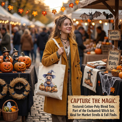 Fall Halloween Tote Bags 2Pcs, Cotton Blend Canvas Tote with Pumpkin Ghost Witch Prints, Reusable Shoulder Bags for Thanksgiving Party Trick or Treat Gift (witch&pumpkin)