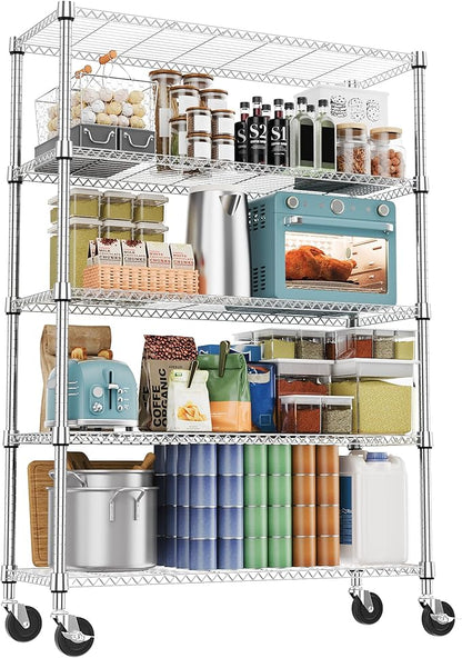 M MZG 1750LBS 47.2" W 5 Tiers Storage Shelves Metal Shelving Unit with Wheels Heavy Duty Garage Shelving Adjustable Wire Shelves for Pantry,Kitchen,Garage,Basement,Chrome 17.7" D x 47.2" W x 76.8" H