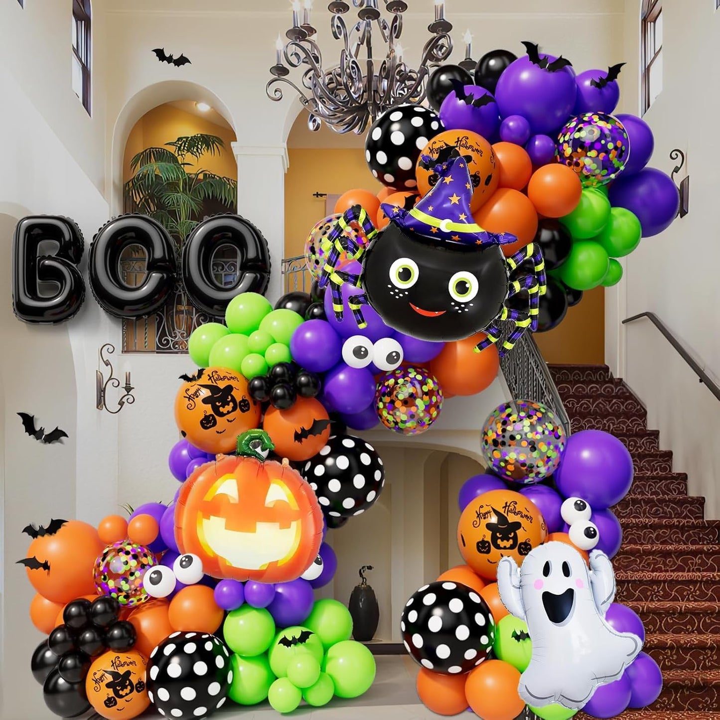 CboDeco Halloween Balloon Garland Arch Kit 144PCS with Ghost Pumpkin Spider BOO Foil Balloon Black Orange Green Purple Balloons for Halloween Decorations Balloons Party Supplies