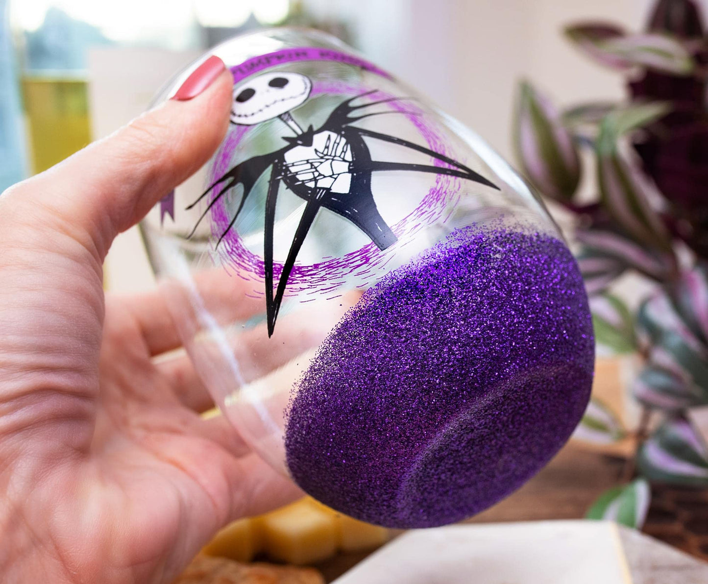 Disney The Nightmare Before Christmas All Hail Pumpkin King Glitter Teardrop Stemless Wine Glass | Tumbler Cup For Mimosas, Cocktails
