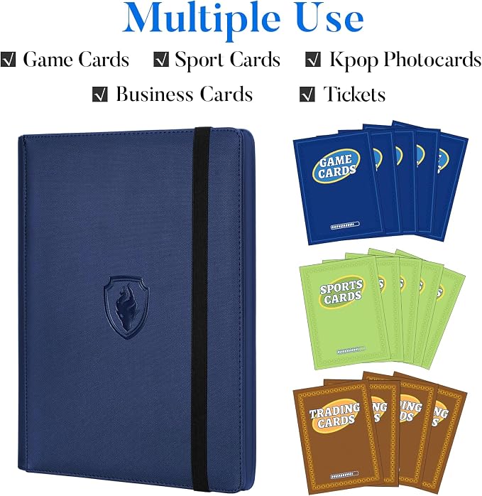 Premium 9 Pocket Card Binder for 540 Cards, Fabmaker PU Cover Trading Card Binder, Sturdy Card Collection Album, Sleek Card Holder Folders for Game Cards & Sports Cards, Navy Blue
