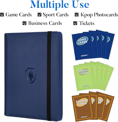 Premium 9 Pocket Card Binder for 540 Cards, Fabmaker PU Cover Trading Card Binder, Sturdy Card Collection Album, Sleek Card Holder Folders for Game Cards & Sports Cards, Navy Blue
