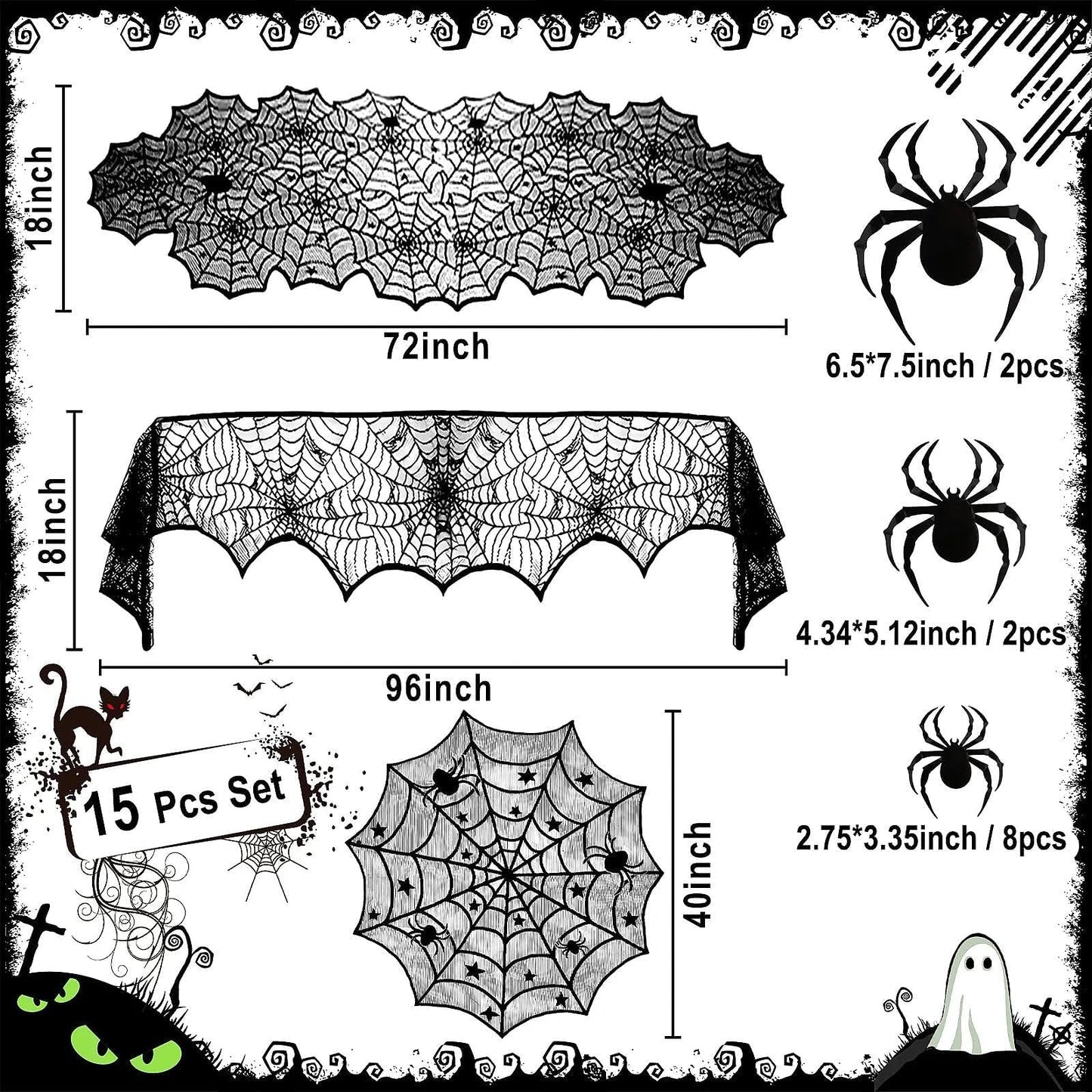 Heyigrow 15 Pcs Set Spider Web Decorations, Halloween Kit Black Lace Table Runner Cobweb Round Tablecloth Fireplace Scarf