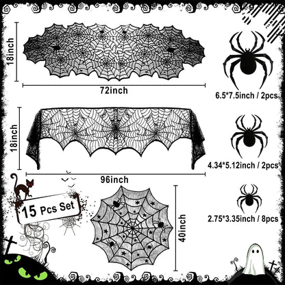 Heyigrow 15 Pcs Set Spider Web Decorations, Halloween Kit Black Lace Table Runner Cobweb Round Tablecloth Fireplace Scarf