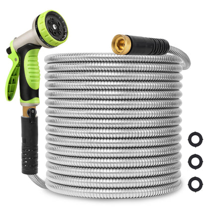 Svansea Metal Garden Hose 25ft Stainless Steel Hose Heavy Duty Flexible Water Hose with 10 Way Spray Nozzle 3/4 Solid Brass Fittings-Outdoor Yard Lightweight No Kink Leak Resistant Water Pipe