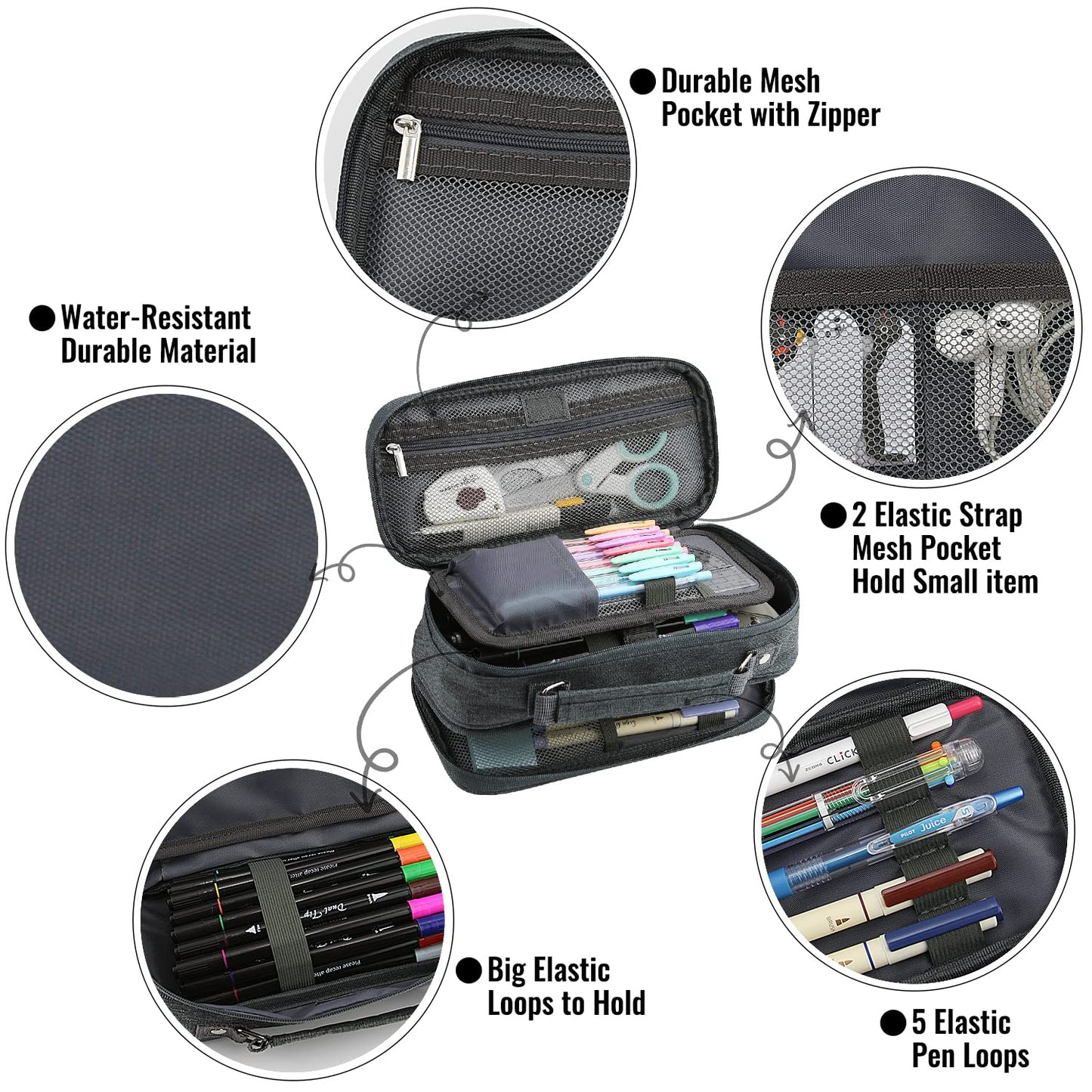 JOINPRO Large Capacity Pencil Case, 4 Compartment Pen Pouch Organizer with Double Zipper, Storage Bag for School, Office, Teen Girl Boy Men Women (Black Grey)