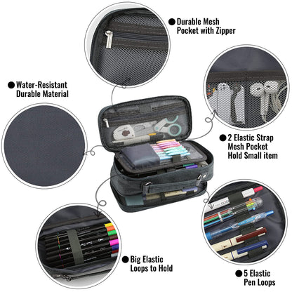 JOINPRO Large Capacity Pencil Case, 4 Compartment Pen Pouch Organizer with Double Zipper, Storage Bag for School, Office, Teen Girl Boy Men Women (Black Grey)