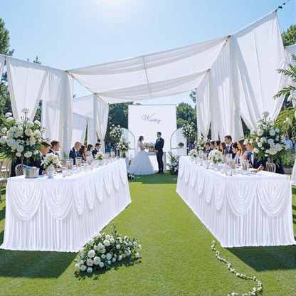 gogoparti White Tutu Table Skirts for Rectangle Tables 6ft Draped Pleated Table Skirt Polyester Tablecloth for Birthday Party Banquet Wedding Baby Shower