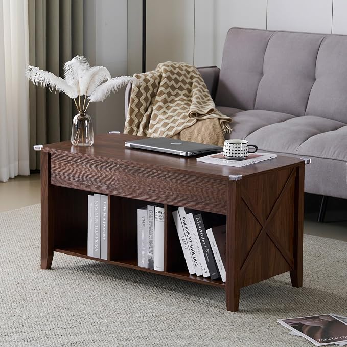 VINGLI Farmhouse Lift Top Coffee Table, Coffee Tables for Living Room with Storage Shelf/Hidden Compartment, Mesa De Centro para Sala, Rustic Brown