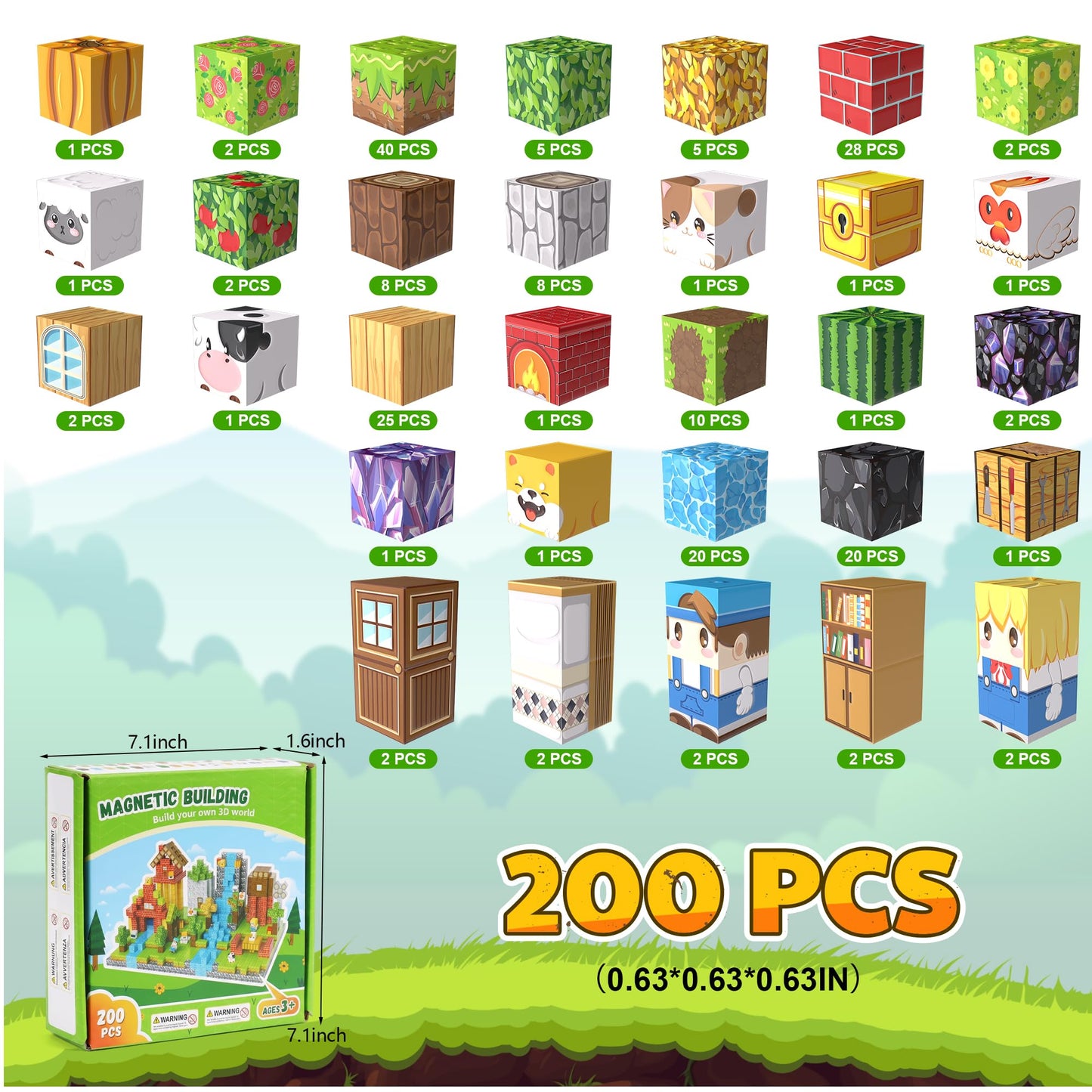 Fitrobust 200PCS Magnetic Blocks, Magnetic Building Blocks, 0.63in Magnetic Building, STEM Game Stacking Toys for Kids, Birthday Gifts for Boys and Girls Age 3+ Years Old