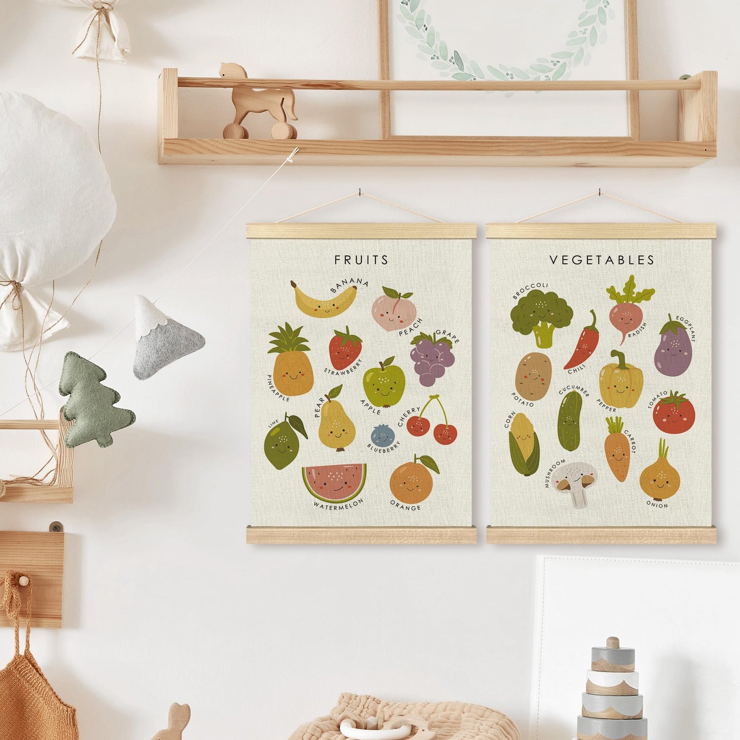 BCUANGD Fruits Vegetables Wall Decor - Toddlers Kids Preschool Poster Hanger with Wood Frames Set of 2, Educational Learning Wall Hanging Canvas Decor for Kids Room Nursery Home, 12x16 Inches