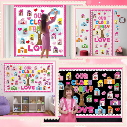 Back to School Bulletin Board Set Our Class is a Family Classroom Decoration with 3D Photo Frame House Pink Paper Cutouts Family Tree Bulletin Board for Home Office School Classroom Wall Decor
