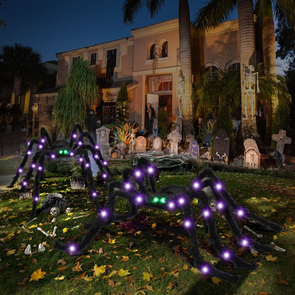 VOMAOK Halloween Spider Decorations 4ft Light Up Giant Spider(2 Pack) with Green Lighted Eyes for Indoor Outdoor Halloween Decorations Yard Party House Décor