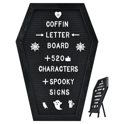 Coffin Letter Board - 520 Characters Spooky Halloween Characters with Wooden Stand and Canvas Bag - 16x11 Inches - Felt Message Board for Home Office Halloween Supplies & Decor (Black)