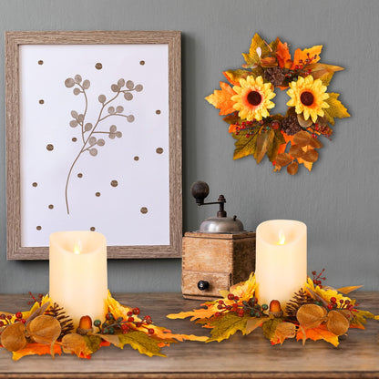 Ceenna 4 Pcs Thanksgiving Fall Candle Rings 3.7 Inch Center Fall Candle Rings Wreath Thanksgiving Autumn Decorative Artificial Maple Leaf Sunflowers Floral Holder Festival Holiday Party Decoration