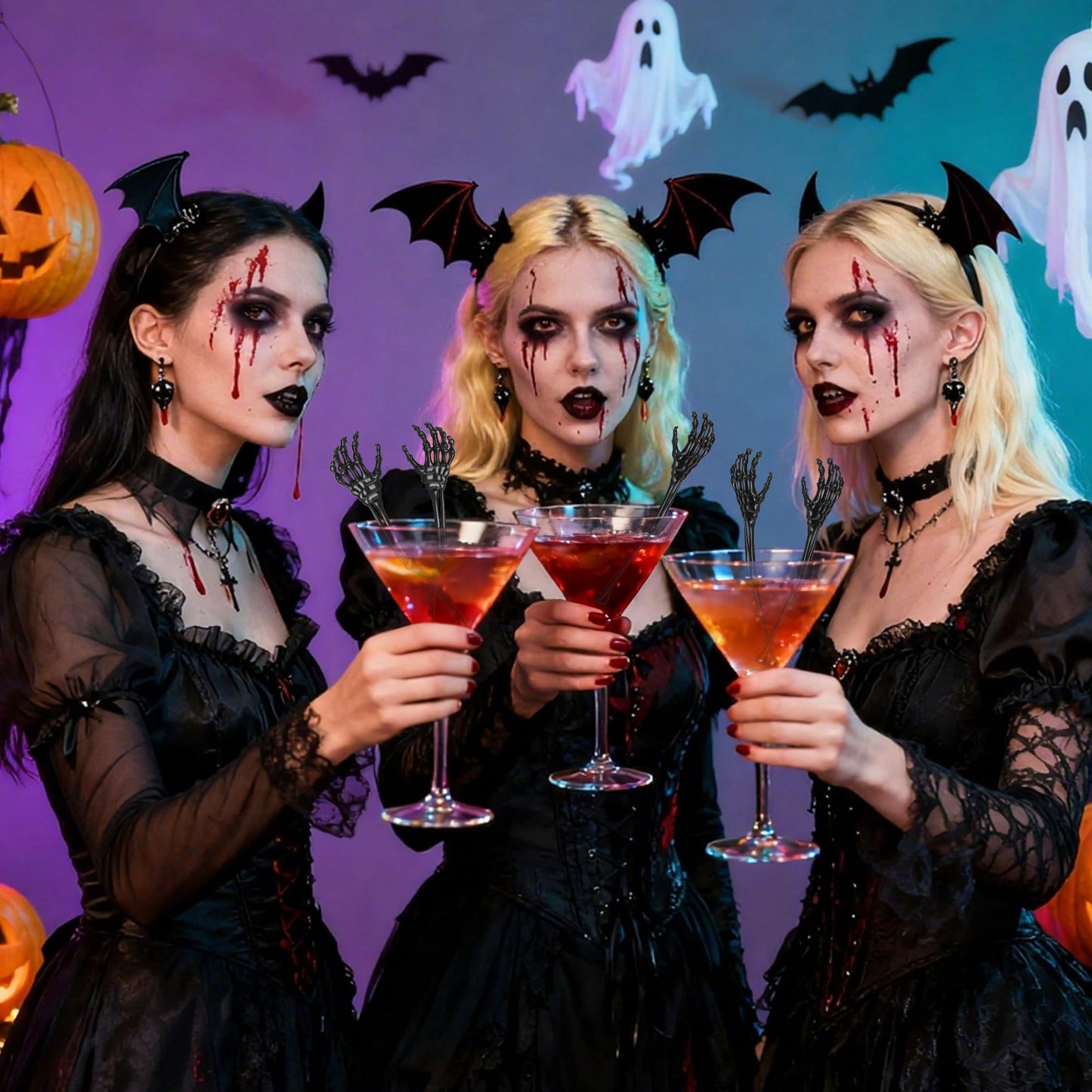 RunNico 60 Pcs 5.9''x1.5'' Halloween Skeleton Cocktail Stirrers, Reusable Skeleton Hand Swizzle Sticks, Halloween Plastic Drink Stirrer for Home Bar Horror Party Table Decorations