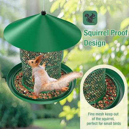 Bird Feeder for Outdoor Hanging, No Mess No Spill Birdfeeder for Outdoor, Squirrel Proof Bird Feeder w/Catch Tray - Large Capacity All-Metal for Outside Hanging to Attracting Birds, Green