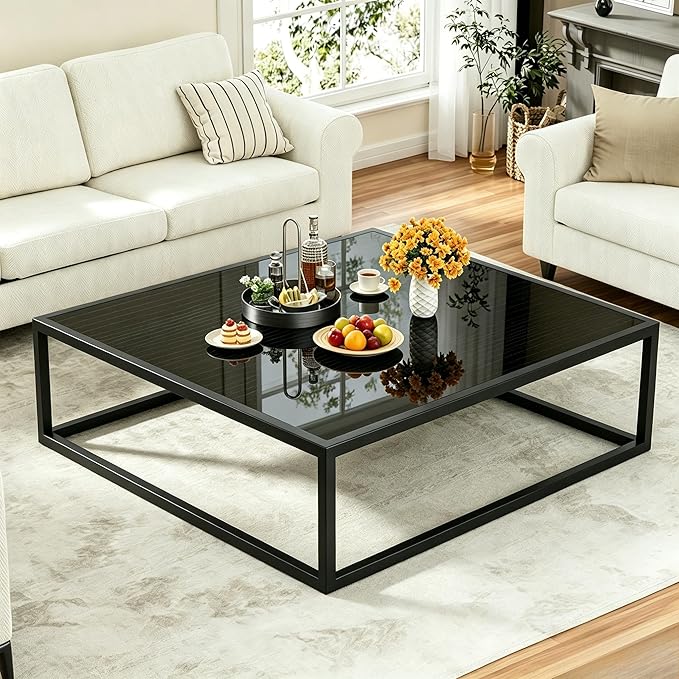 31.5" Square Coffee Table, Mid-Century Modern Black Center Table for Living Room, Floor Table for Sitting on The Floor, Wood Cocktail Tea Contemporary Tables with Metal Frame for Office Apartment Home