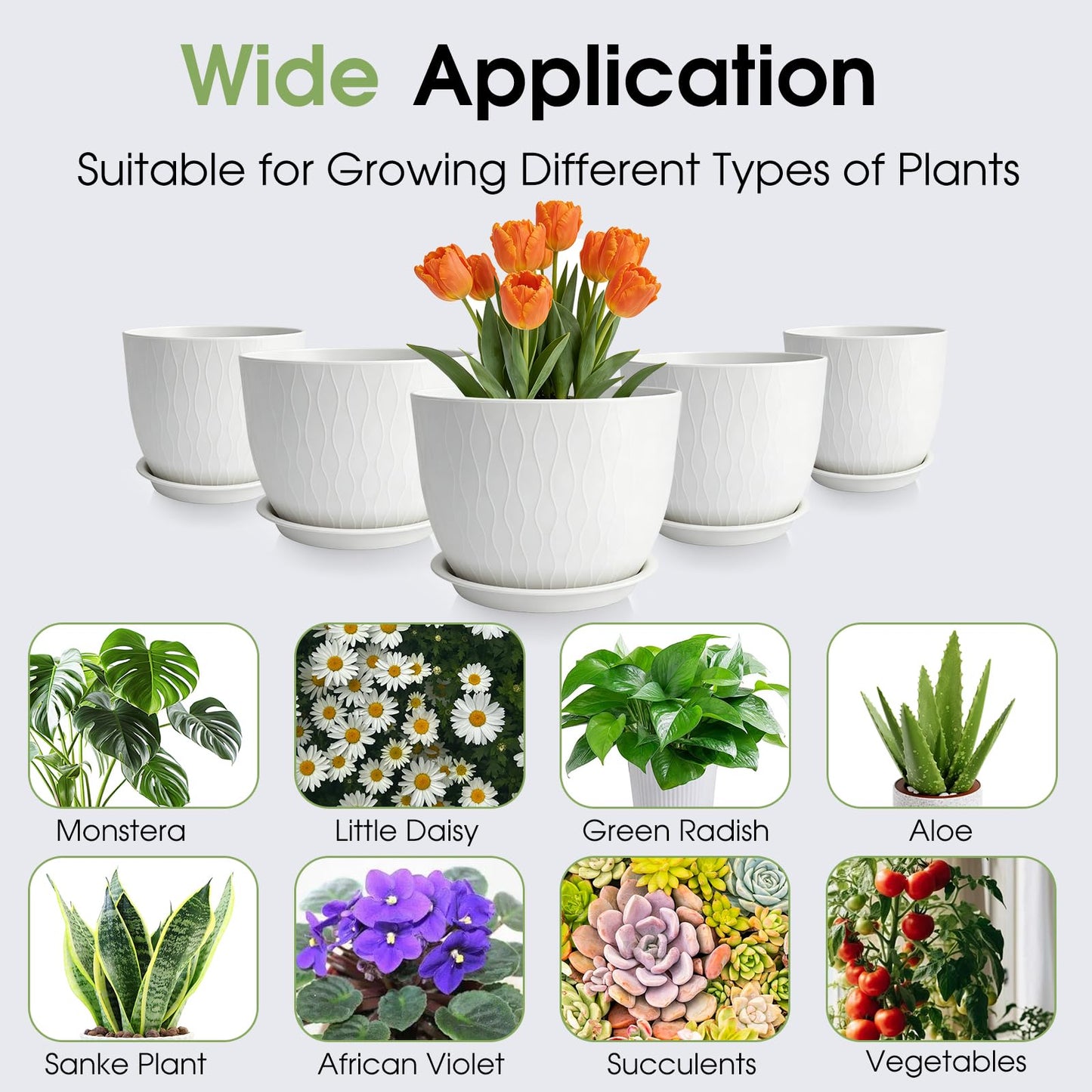 GARDIFE Plant Pots 10/9/8/7.5/7 Inch Plant Pots, Set of 5 Plastic Planters with Drainage Holes and Saucers,Plastic Flower Pots,Nursery Planting Pot for Indoor Out Door Plants (White)
