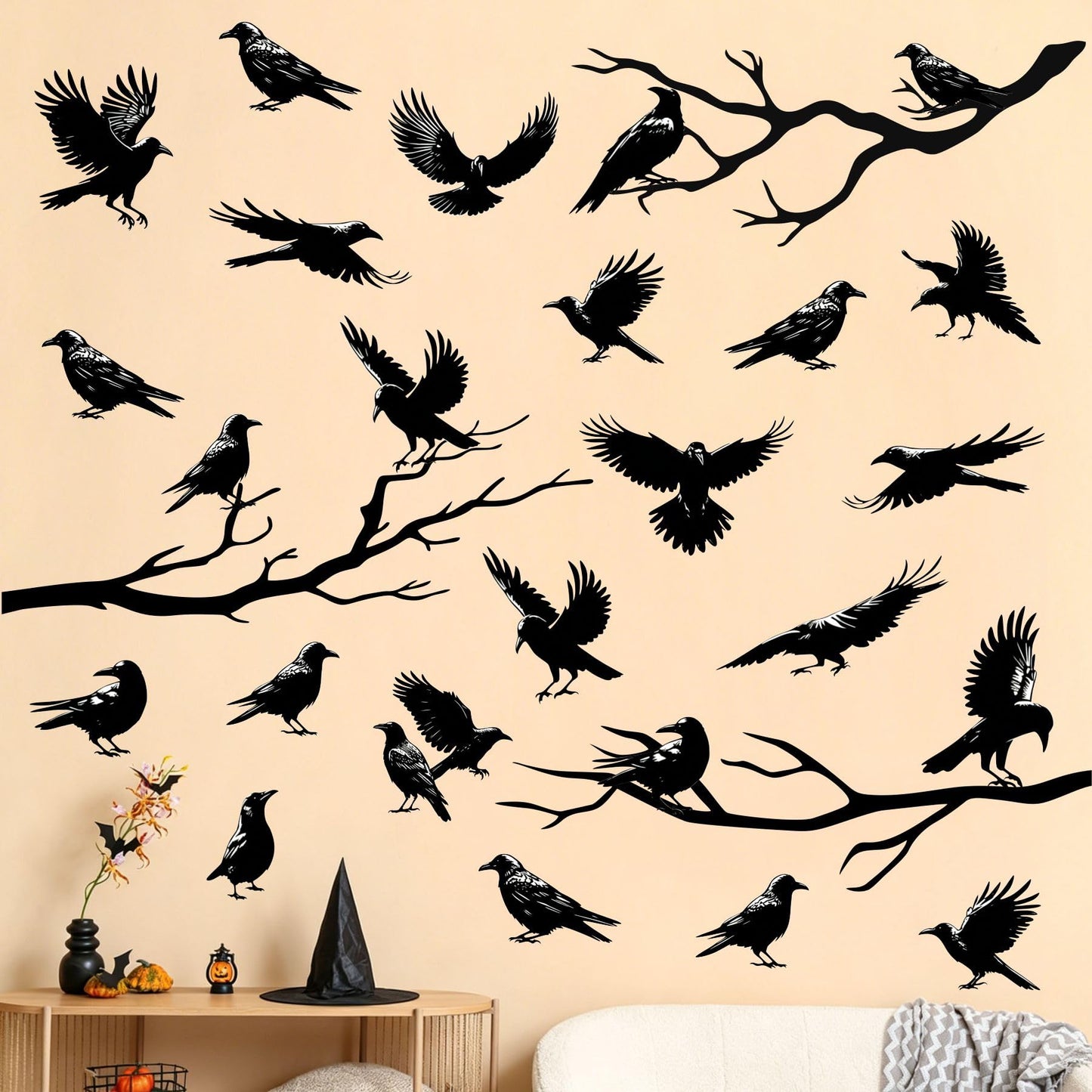 Halloween Raven Wall Decal Sticker Black Crow Window Cling Stickers Removable Tree Branch Wall Decals Peel and Sticker Home Office Glass Decor