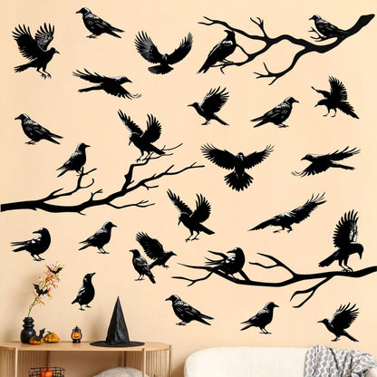 Halloween Raven Wall Decal Sticker Black Crow Window Cling Stickers Removable Tree Branch Wall Decals Peel and Sticker Home Office Glass Decor