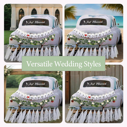 4PCS Just Married Wedding Car Decorations Kit with Greenery Vine Removable Banner Paper Tassel Static Cling Window Sticker for Bride and Groom Honeymoon Getaway Send Off Vehicle Decor