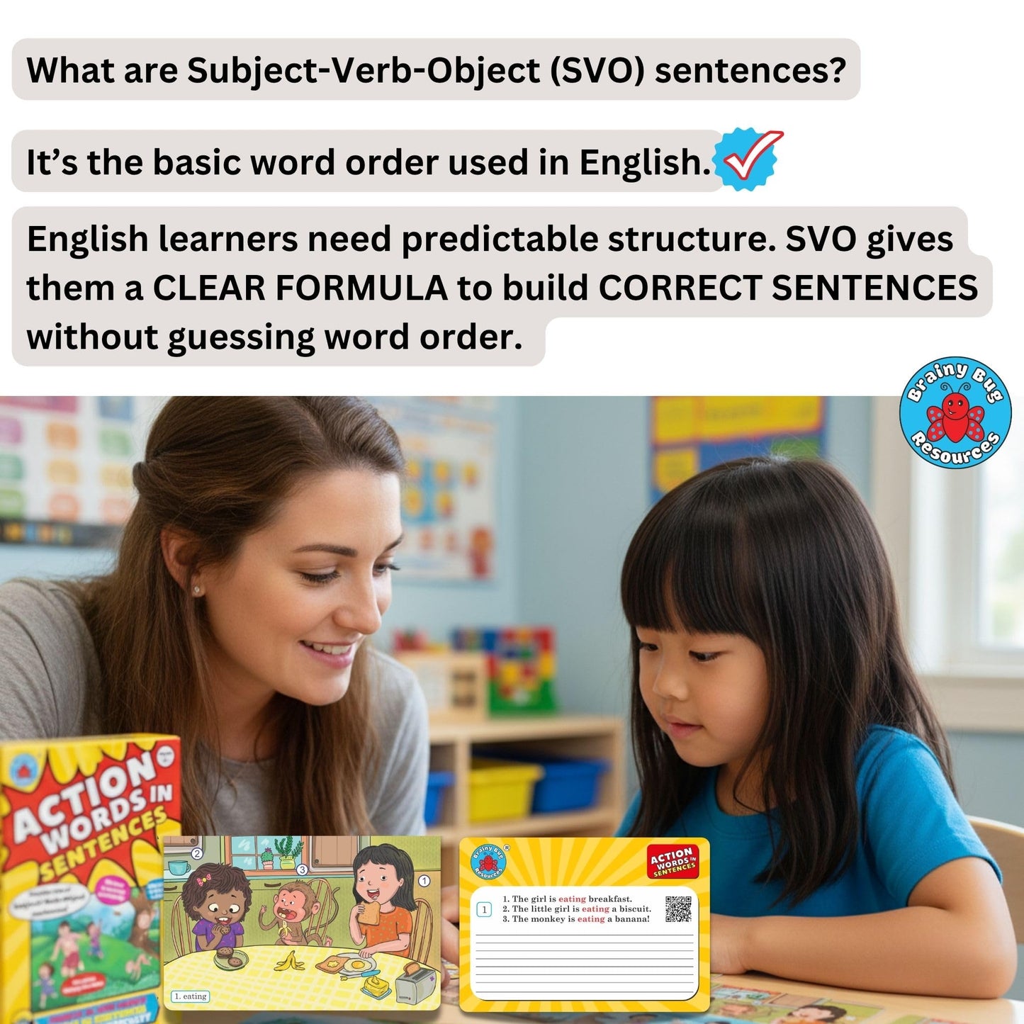 Brainy Bug English Learning Flashcards with App-Enabled Audio Feature | SVO Sentences | Action Words, Grammar & Sentence Practice | Eary Learners | Special Needs | Home Schooling