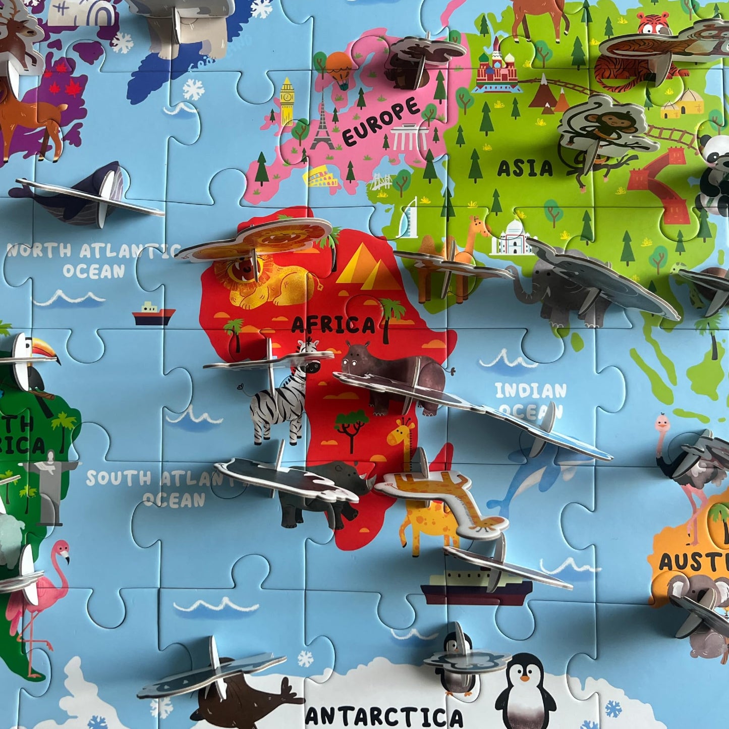 Dinomini Giant World Map Puzzle for Kids - with Interactive Standing Figures - Floor Puzzles for Kids Ages 3-5 - Preschool Learning Activities - Learning & Educational Toys
