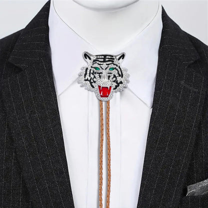 GelConnie Bolo Tie for Men - Crystal Tiger Head Bolo Tie for Men - Brown Leather Cord Western Cowboy Rhinestone Animal Bola Ties