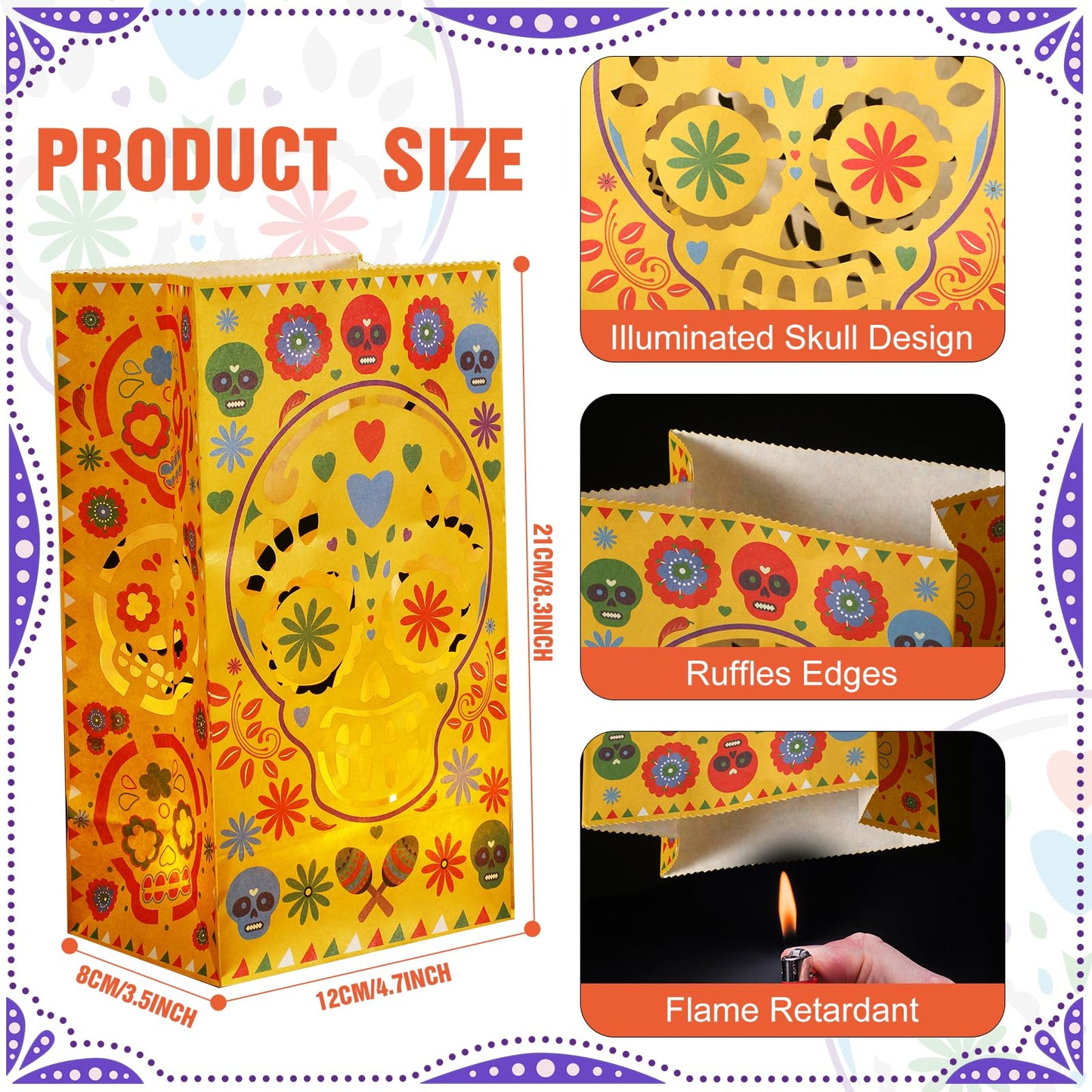 Ireer 30 Pieces Halloween Day of The Dead Luminary Bags - Dia De Los Muertos Candy Bag - Flame Resistant Candle Bag - Sugar Skull Gift Goodie for Mexican Fiesta Halloween Party Favors Supplies