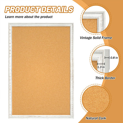 White Cork Board for Wall, 36 x 24 inches Decorative Bulletin Board, Rustic Wooden Frame Pin Board for Office, Dorm, Home Decor