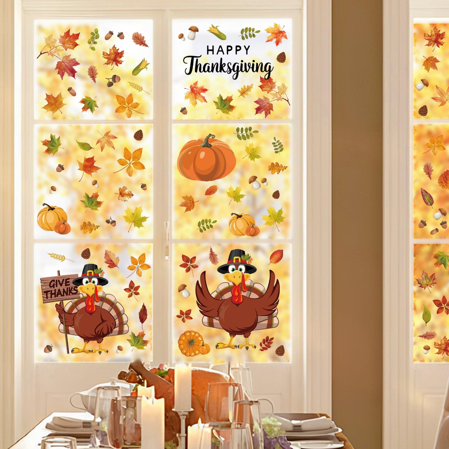9 Sheets Thanksgiving Window Clings Double Sided Turkey Window Decals Pumpkin Fall Leaves Windows Decal Stickers for Thanksgiving Fall Autumn Glass Home Classroom Office Decor