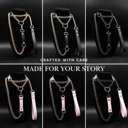 ADEMISHIA Heart O-ring Leather Choker Necklace For Women, Punk Gothic Black/Pink Slip Chain Necklace with Vegan Leather Swivel Clasp