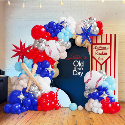 Baseball Balloon Arch Kit,134Pcs Navy Blue Red Sand White Balloon Garland with Baseball,Baseball Bat,Explosion Star Foil Balloons for Sports Theme Baby Shower Rookie Year 1st Birthday Party Decoration
